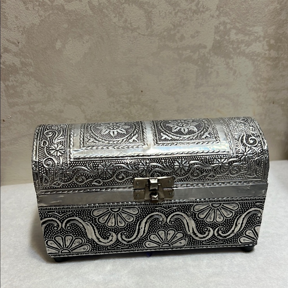 Cost Plus World Market Silver Embossed Metal Jewelry Treasure Chest